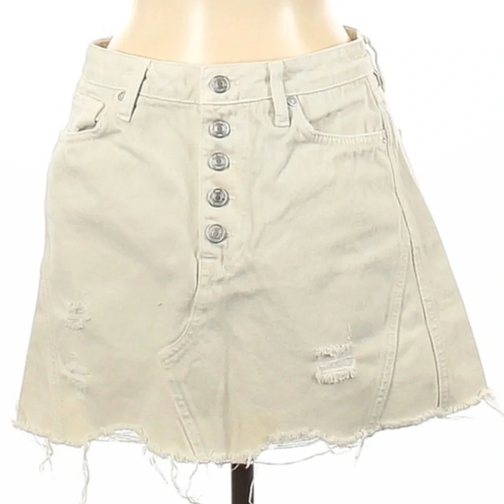 We the Free 29 ivory BOHO distressed button fly fringe hem denim jean mini skirt